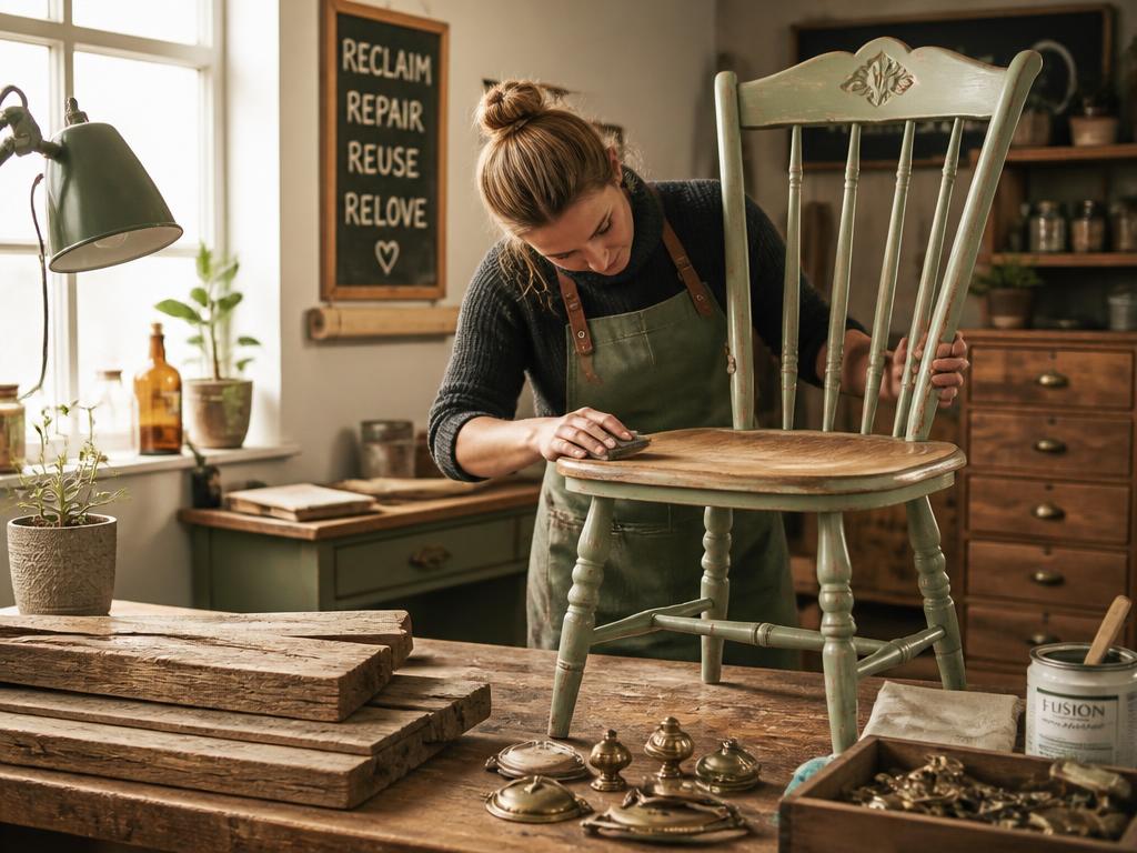 Woman sanding a vintage chair in a cozy workshop